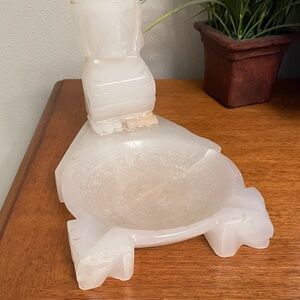 Vintage Hand Carved Alabaster Stone Ashtray Aztec or Mayan Calendar & God Figure